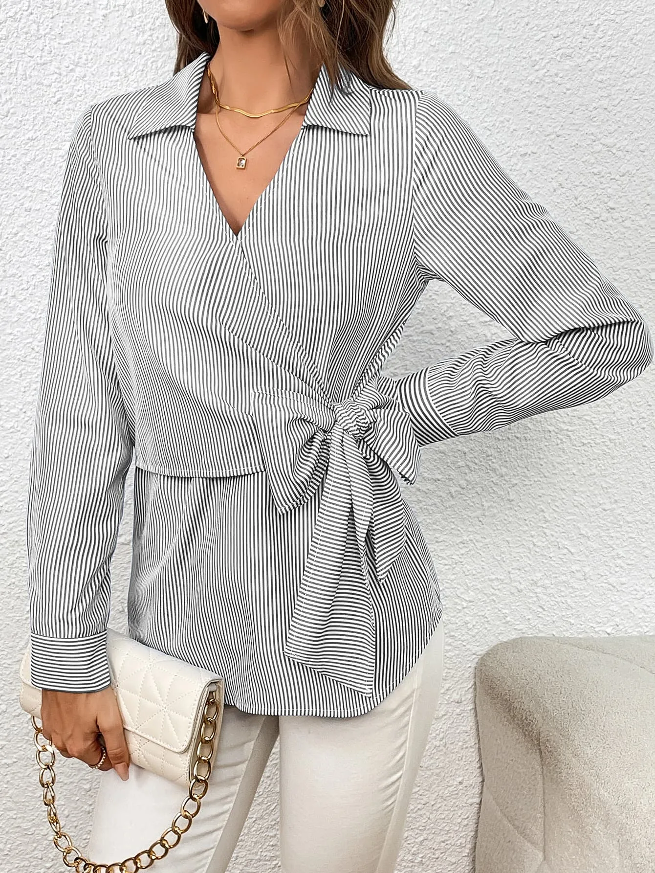 3 Classy Collar Tie Waist Striped Shirt ( S - 2X )