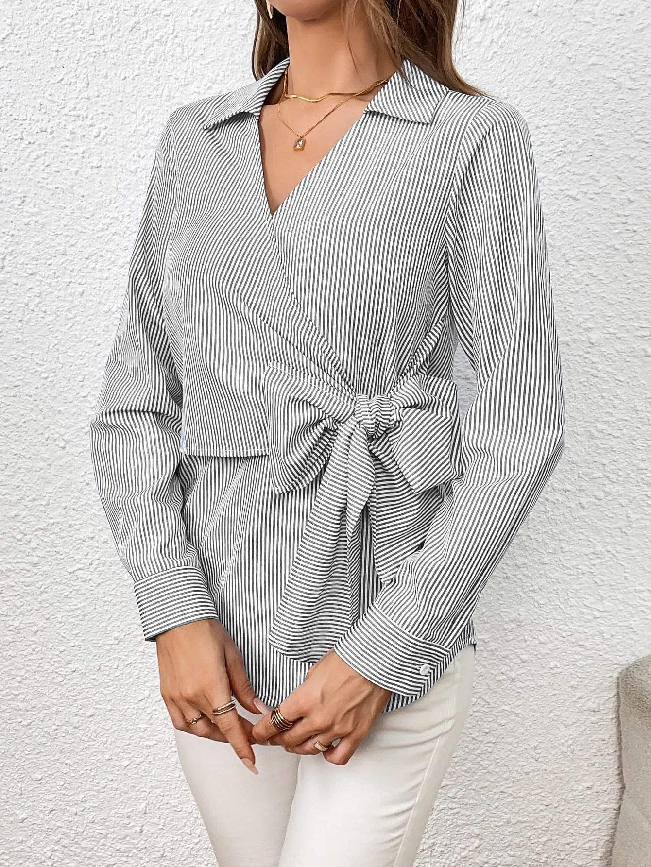 3 Classy Collar Tie Waist Striped Shirt ( S - 2X )