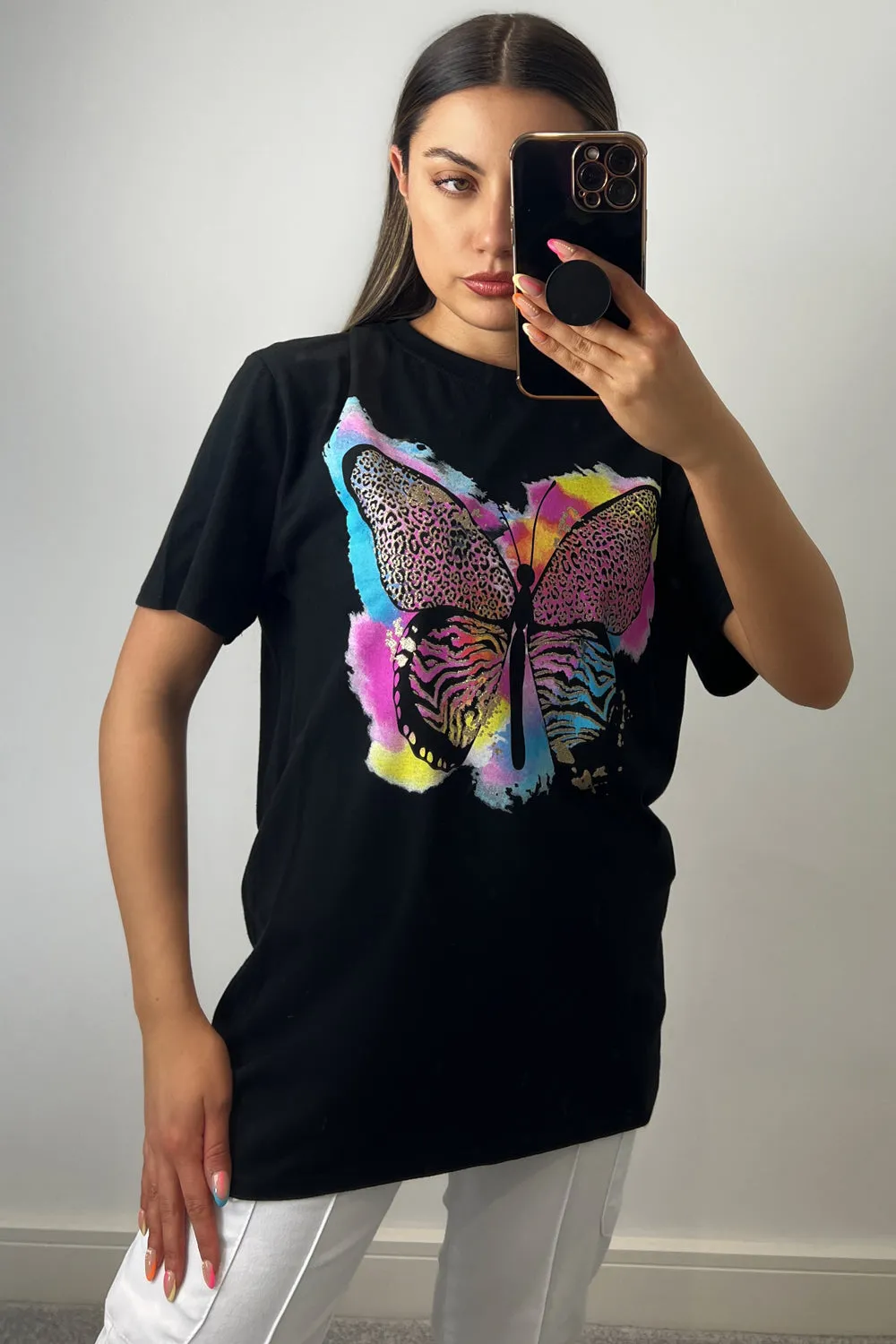 Adrienne Black Glitter Printed Butterfly T-Shirt