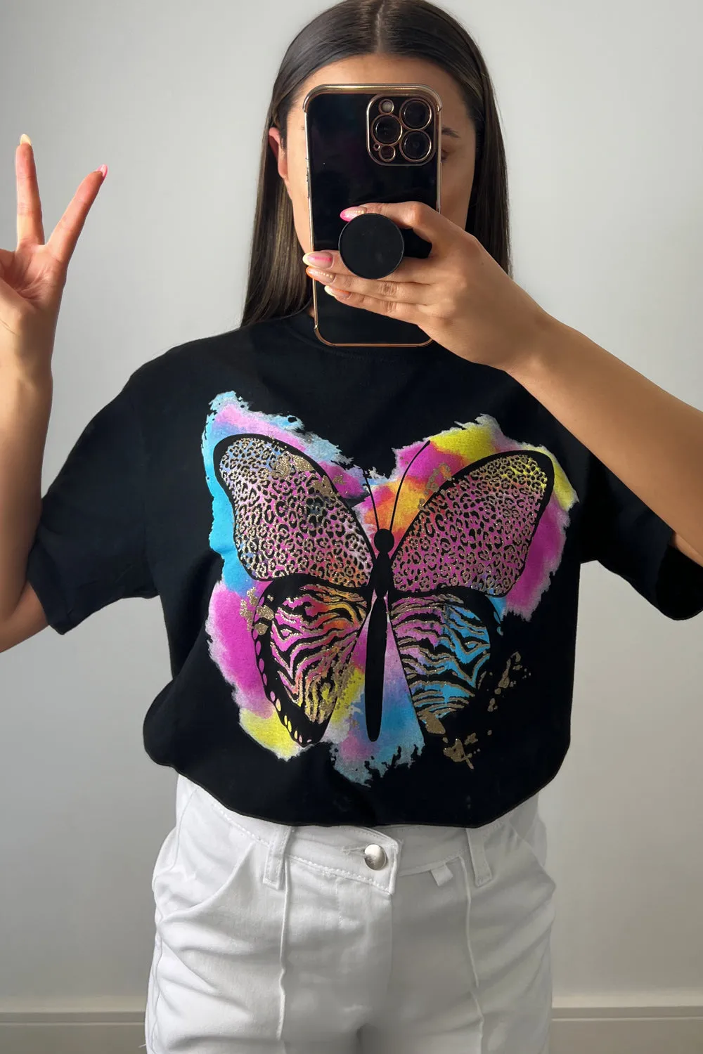 Adrienne Black Glitter Printed Butterfly T-Shirt