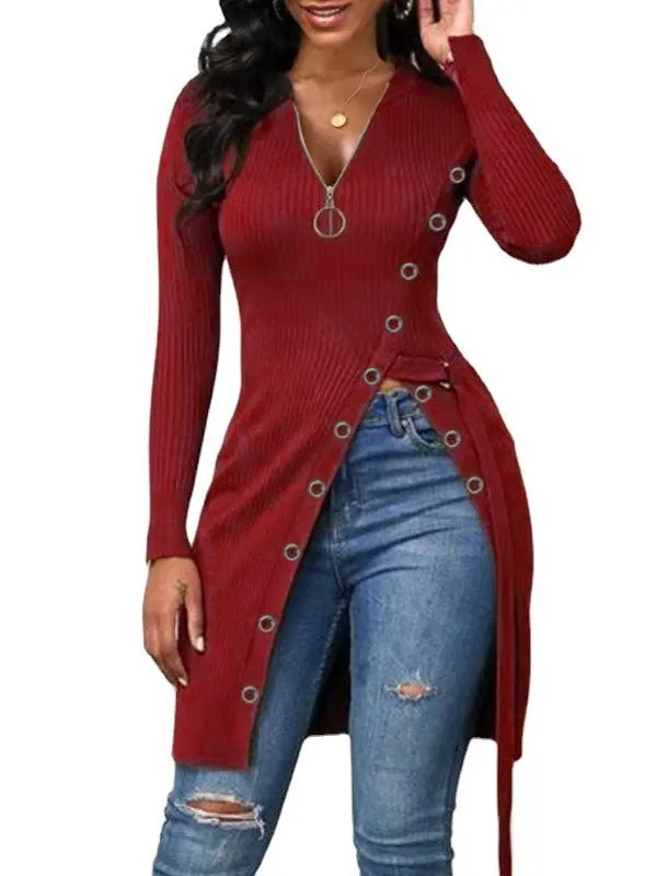 Autumn Winter Women Clothing V-neck Long Sleeve High Slit Thread Zipper T-shirt Top