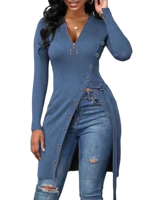 Autumn Winter Women Clothing V-neck Long Sleeve High Slit Thread Zipper T-shirt Top