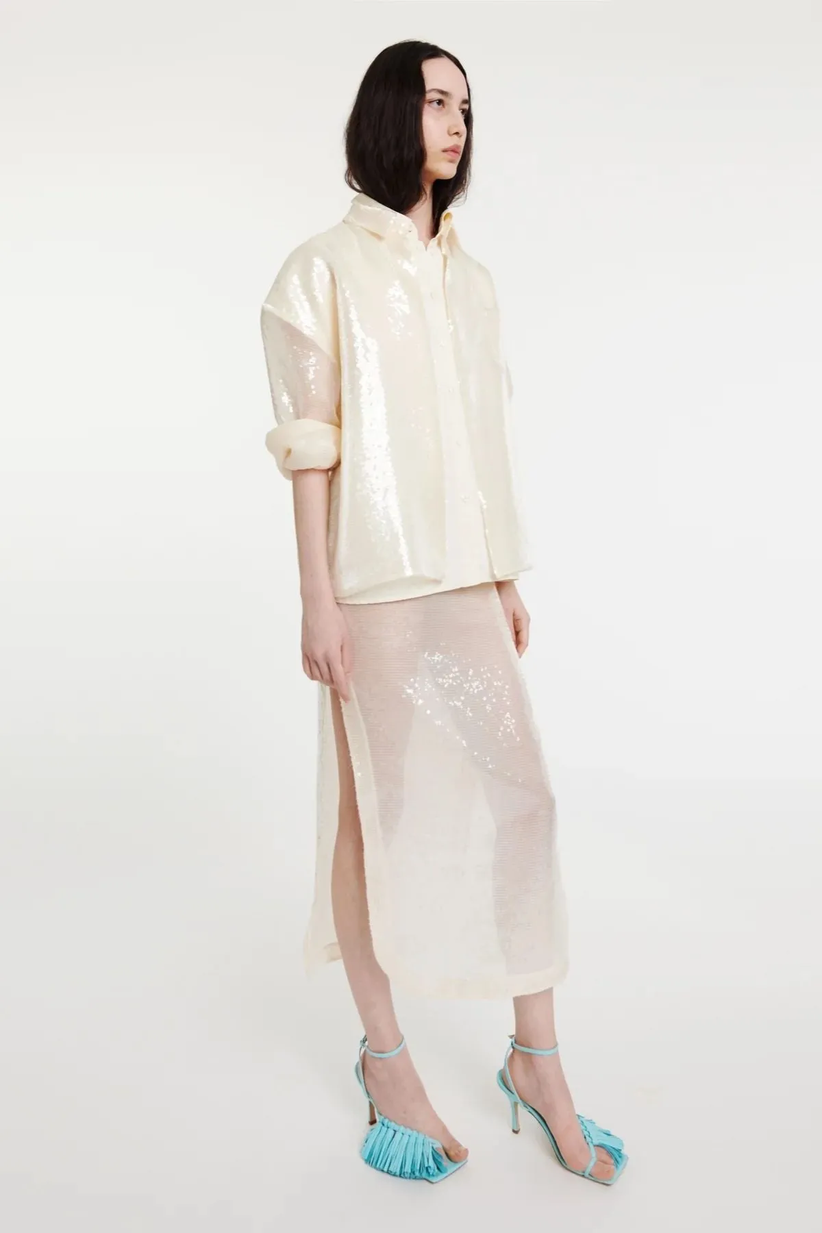 A.W.A.K.E Mode Sequined Double Trompe L'Oeil Shirt - Ivory