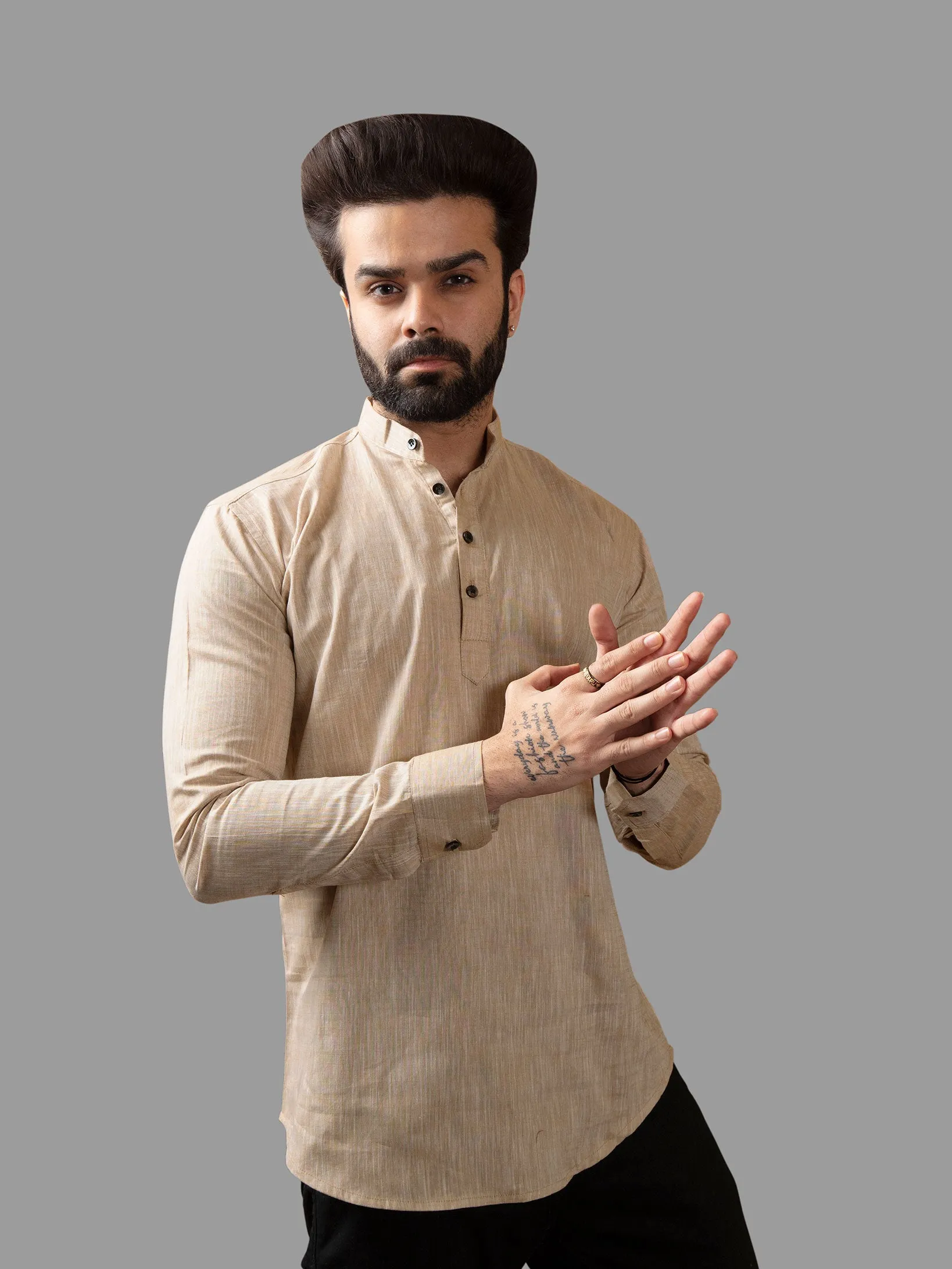 Beige Cotton Linen Mandarin Collar Kurta Shirt