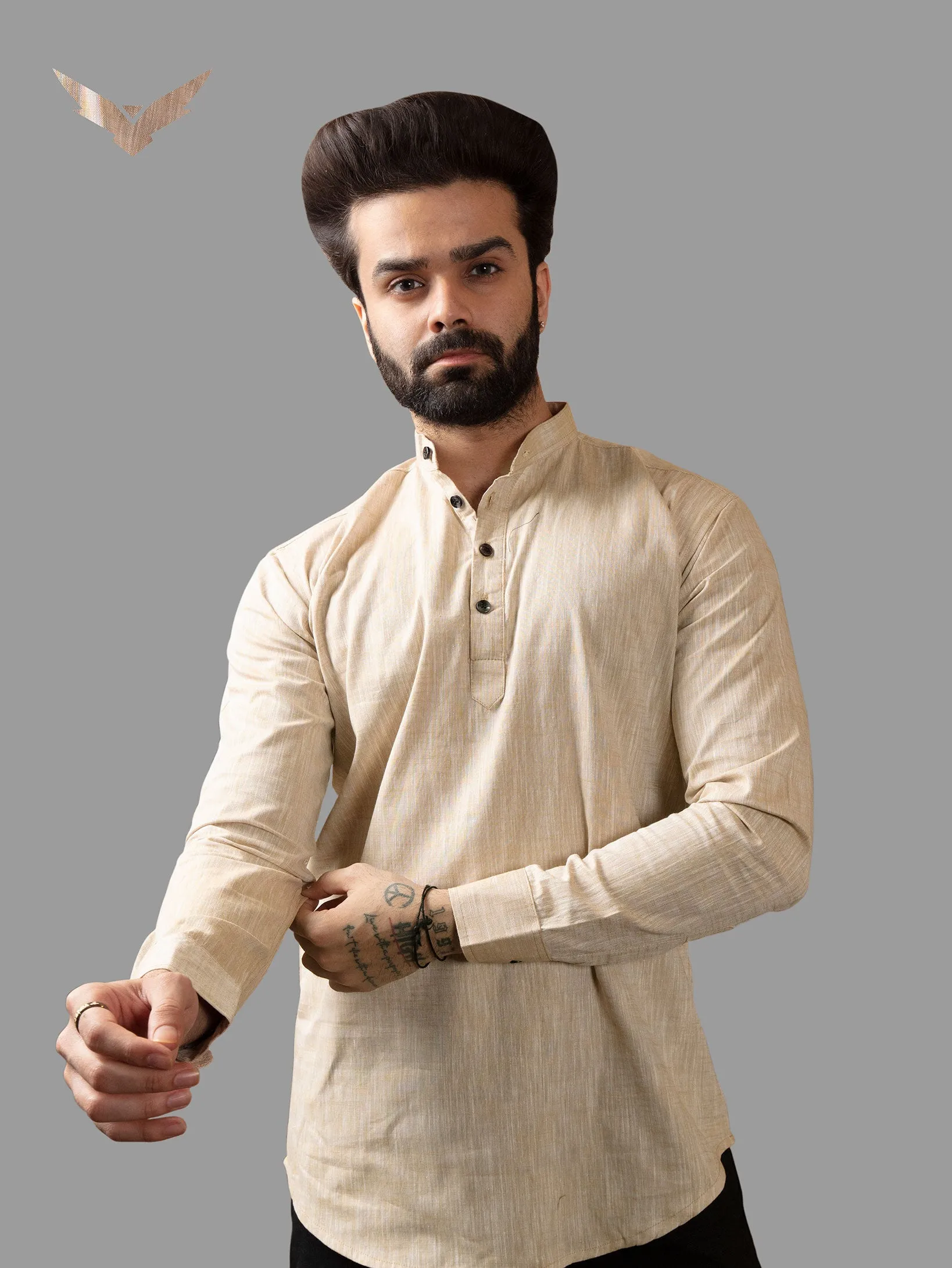 Beige Cotton Linen Mandarin Collar Kurta Shirt