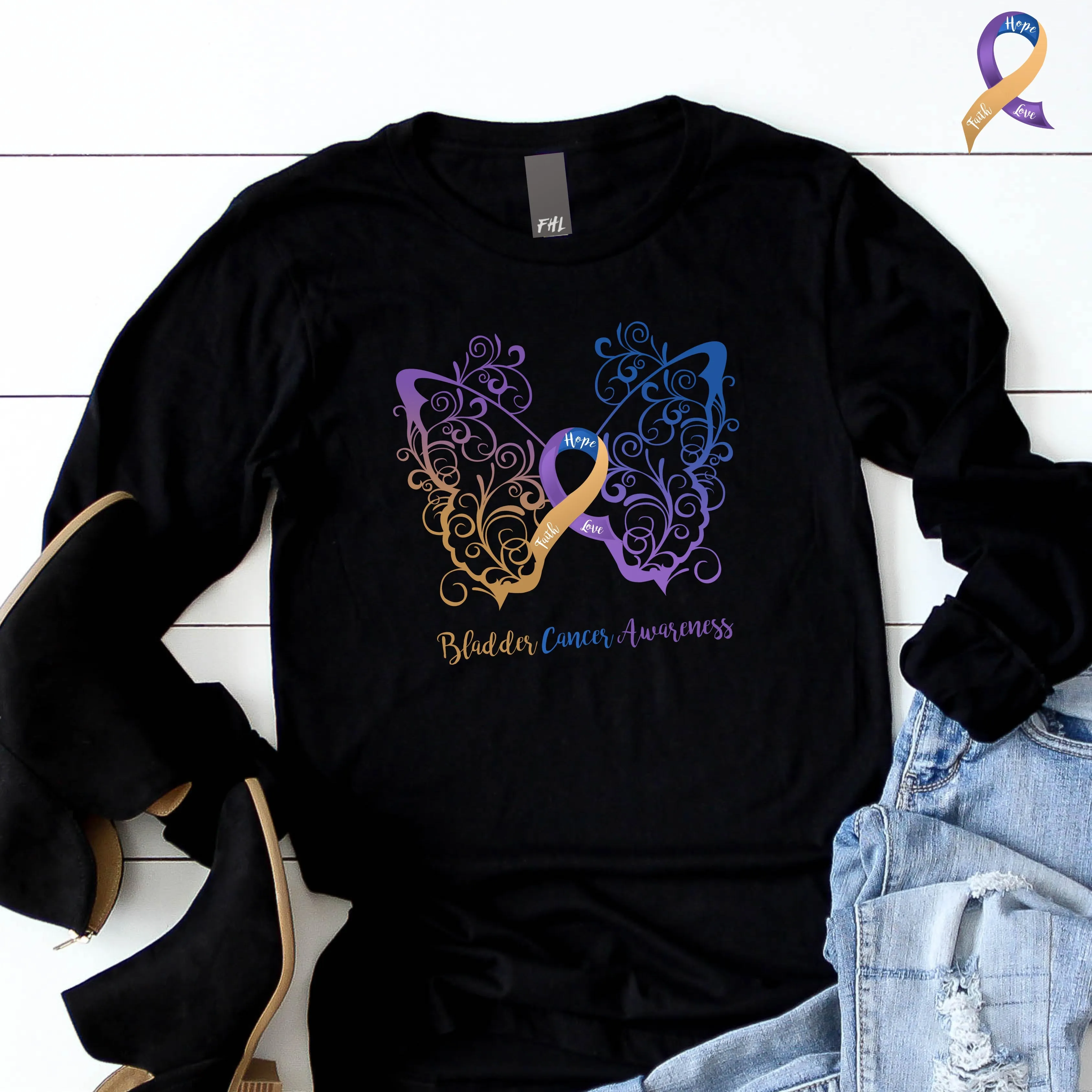 Bladder Cancer Awareness Filigree Butterfly Long Sleeve Tee - Several Colors Available