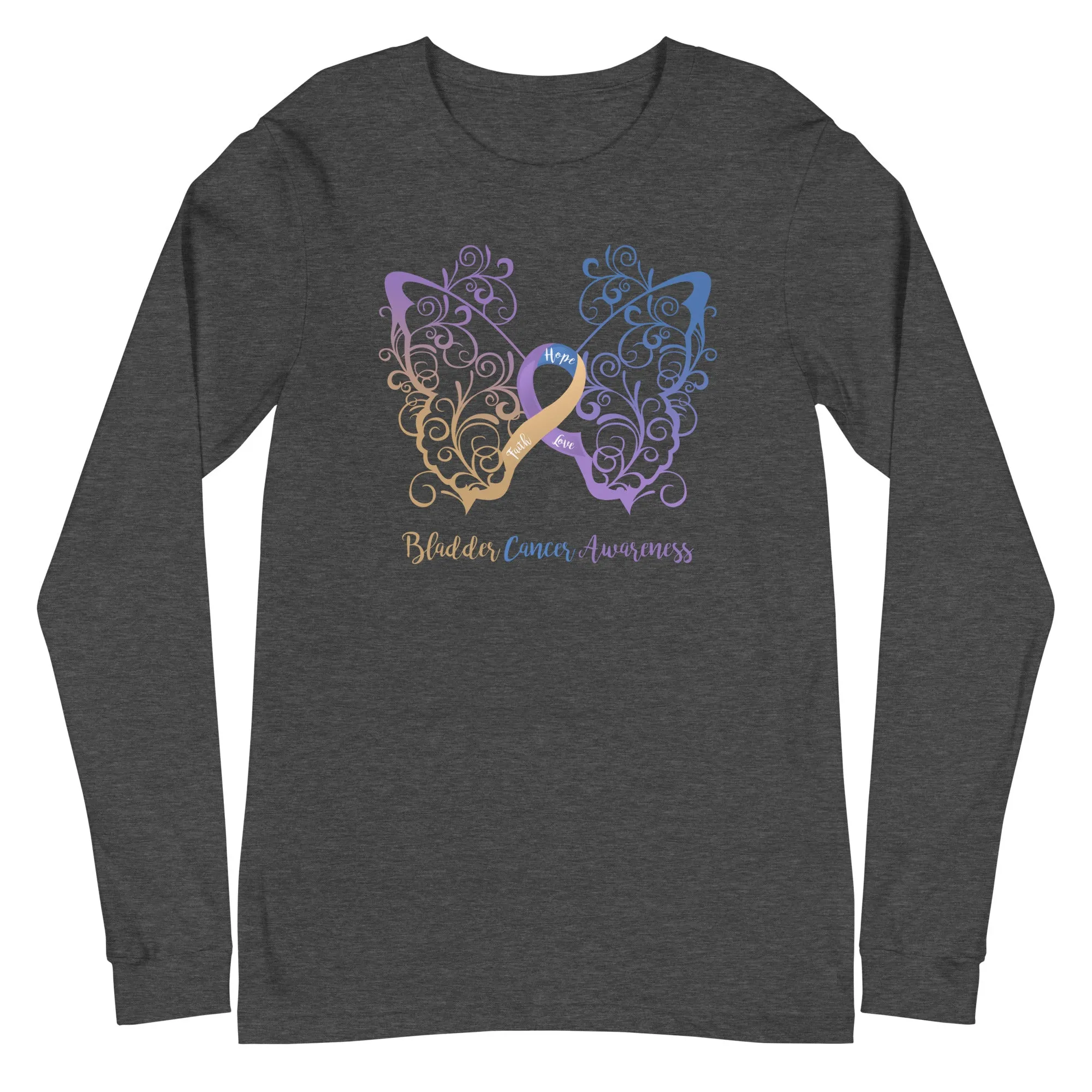 Bladder Cancer Awareness Filigree Butterfly Long Sleeve Tee - Several Colors Available