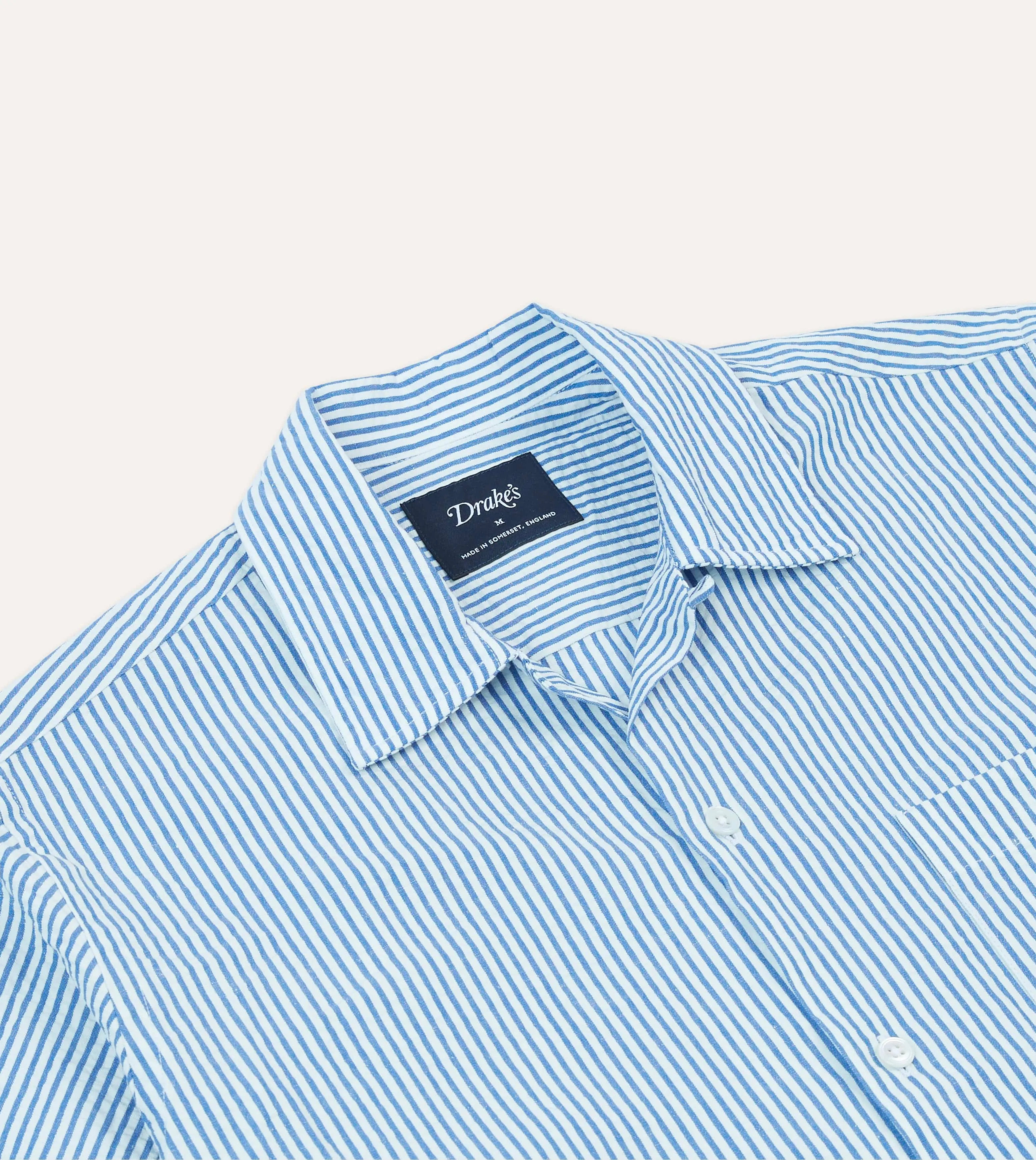 Blue and White Stripe Cotton-Linen Seersucker Camp Collar Short Sleeve Shirt