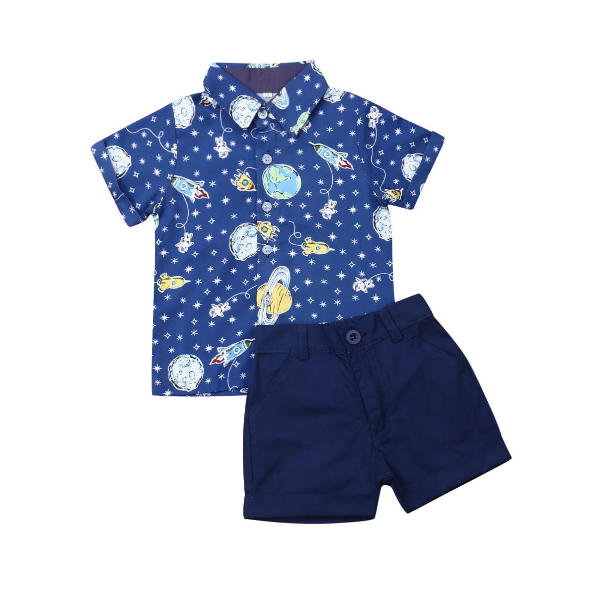 Boys Space Print Button Up Collar Shirt and Shorts Set Rocket Ships Earth