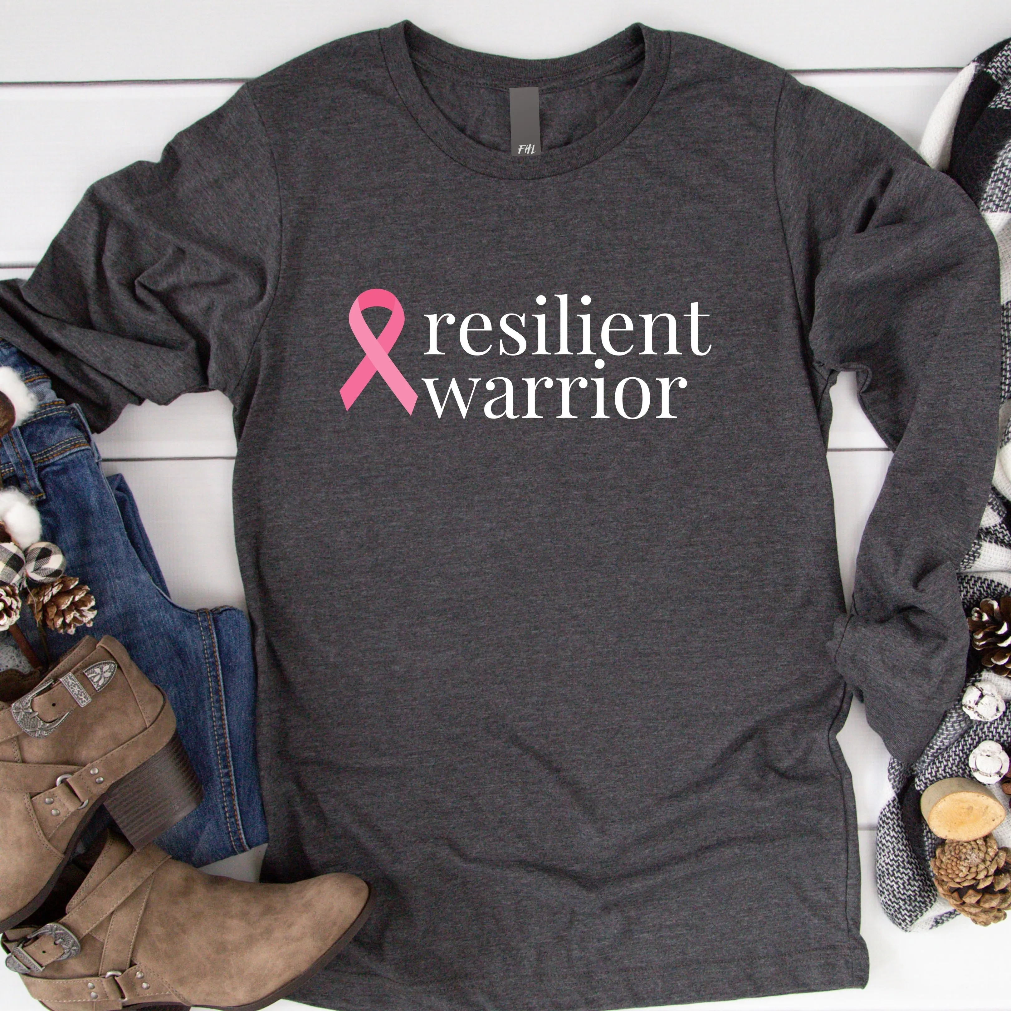 Breast Cancer resilient warrior Ribbon Long Sleeve Tee - Several Colors Available