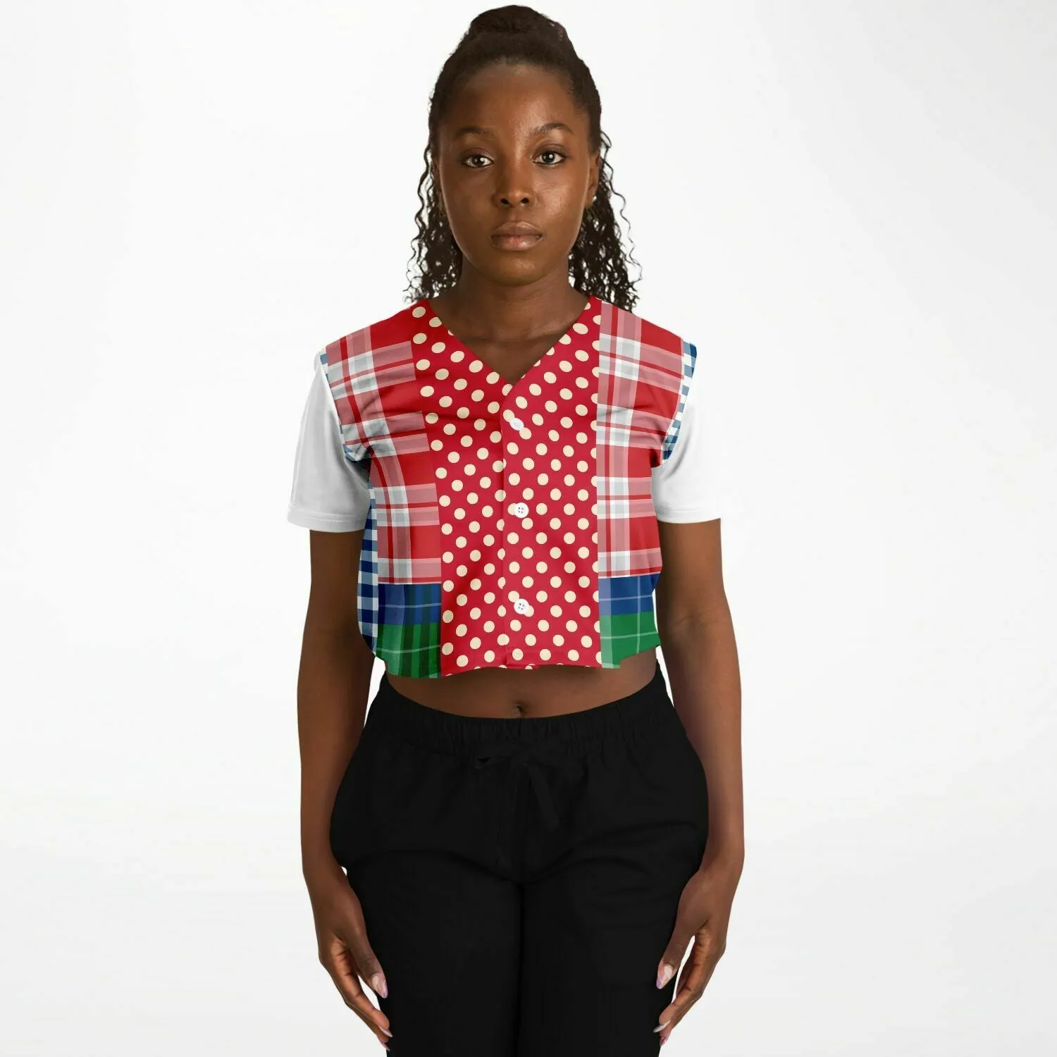 Busan Fleur Plaid Patchwork Cropped Button Front Jersey