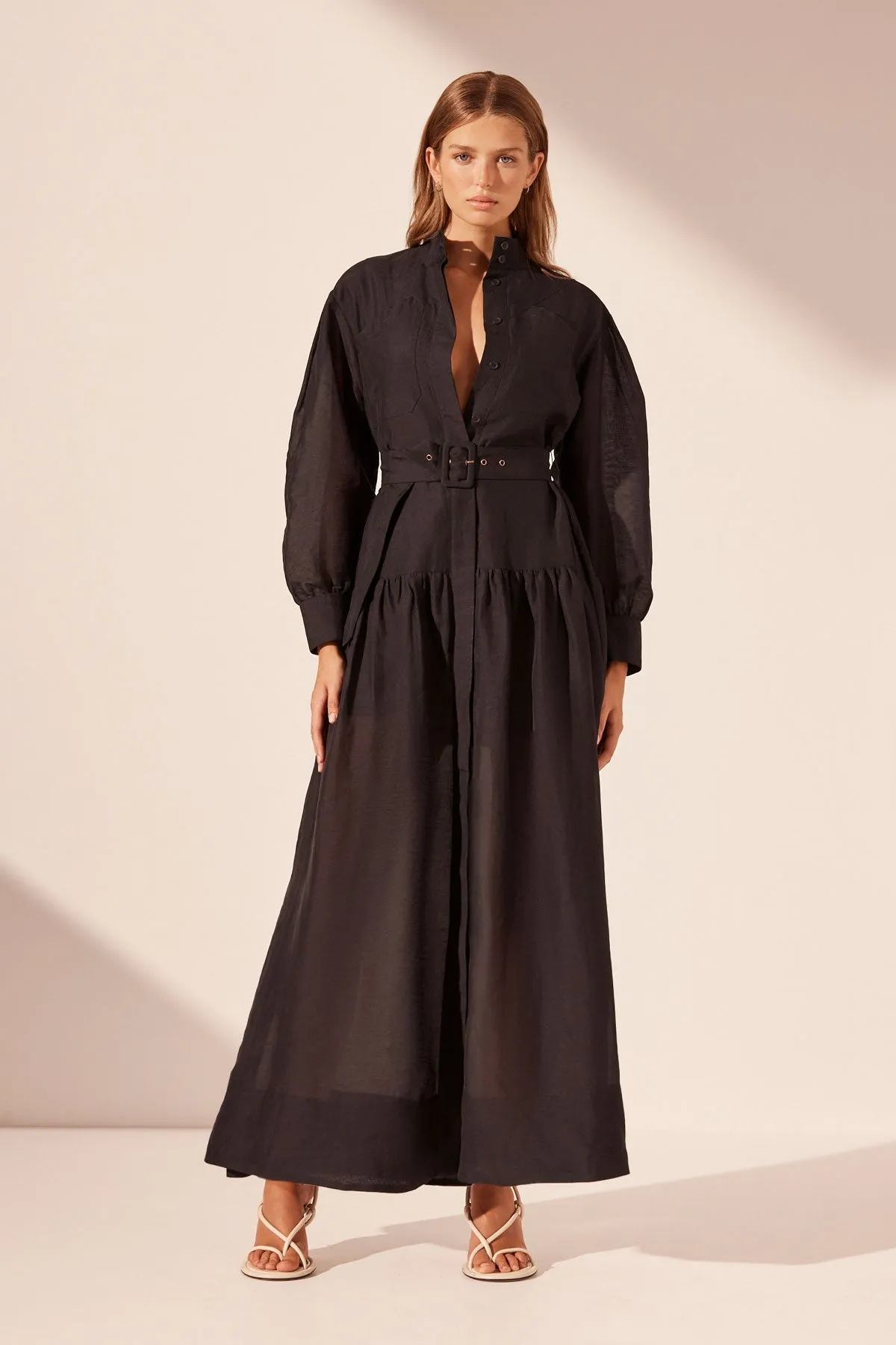 CELESTE LONG SLEEVE TIERED SHIRT MAXI DRESS - BLACK