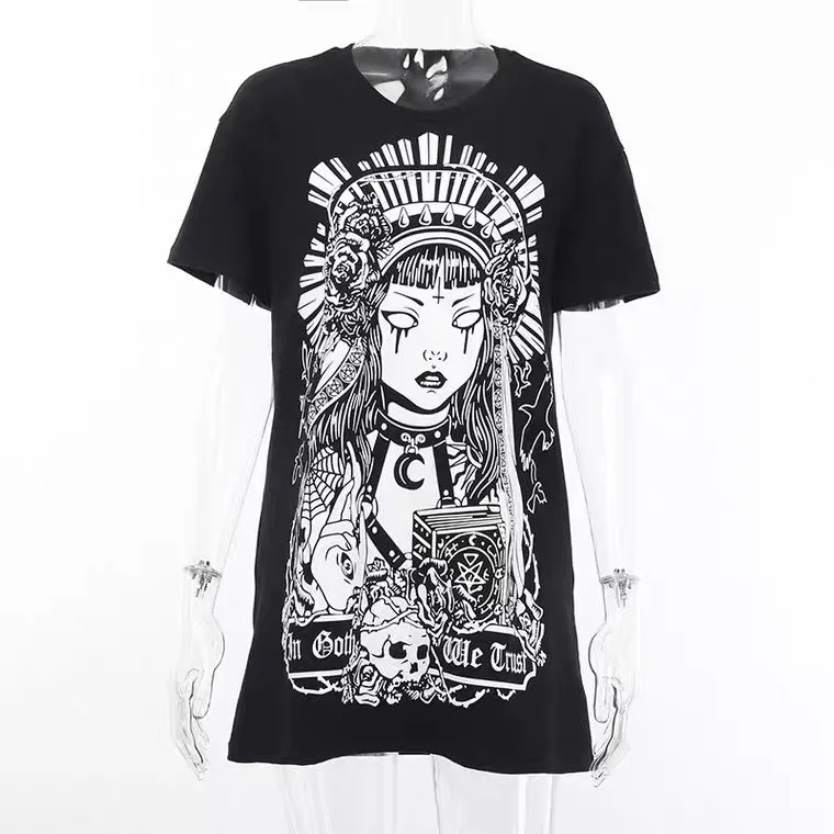 DARK FASHION GOTHIC PRINT LONG PARAGRAPH LOOSE T-SHIRT BY70178