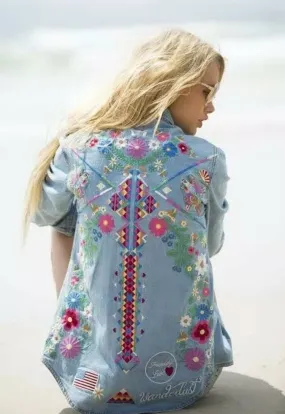 Embroidered Denim Shirt "Love Child" Ladies Bohemian Button Up Long Sleeve Blouse "Wanderlust" Embroidery On Back Sizes Small Medium Or Large