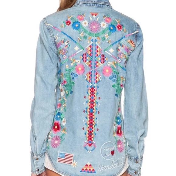 Embroidered Denim Shirt "Love Child" Ladies Bohemian Button Up Long Sleeve Blouse "Wanderlust" Embroidery On Back Sizes Small Medium Or Large