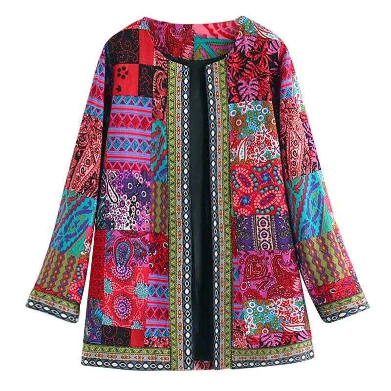 Fashionable women's seasonal autumn, winter, ethnic-flower print long-sleeved baggy coat