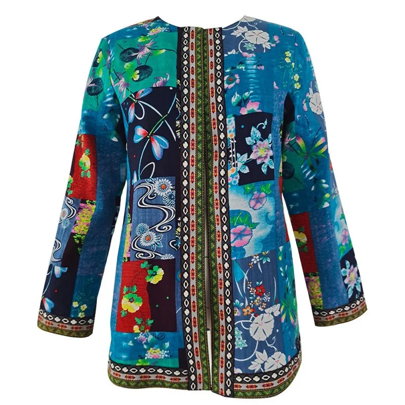 Fashionable women's seasonal autumn, winter, ethnic-flower print long-sleeved baggy coat