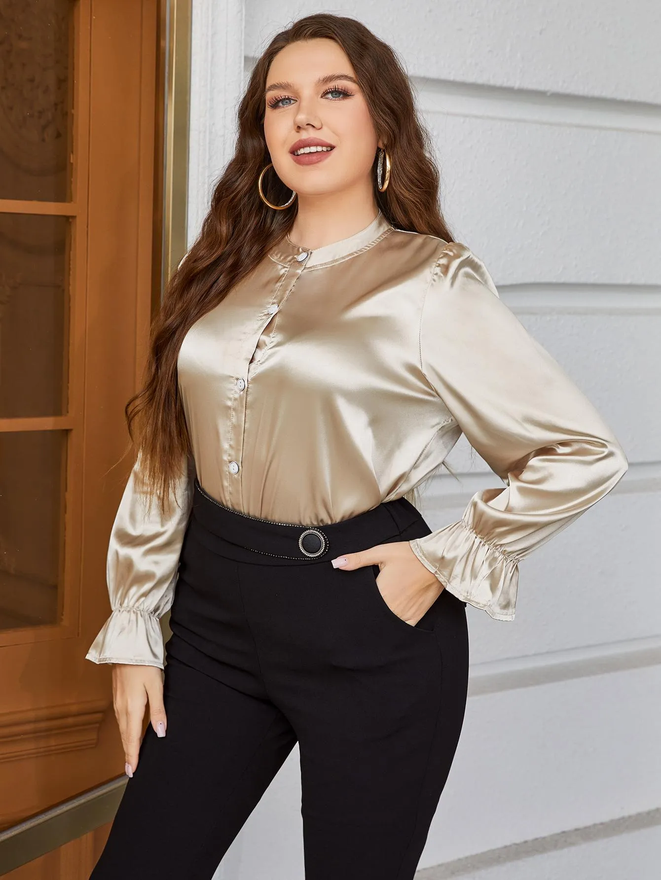 Flounce Sleeve Band Collar Shirt ( 1X - 4X )