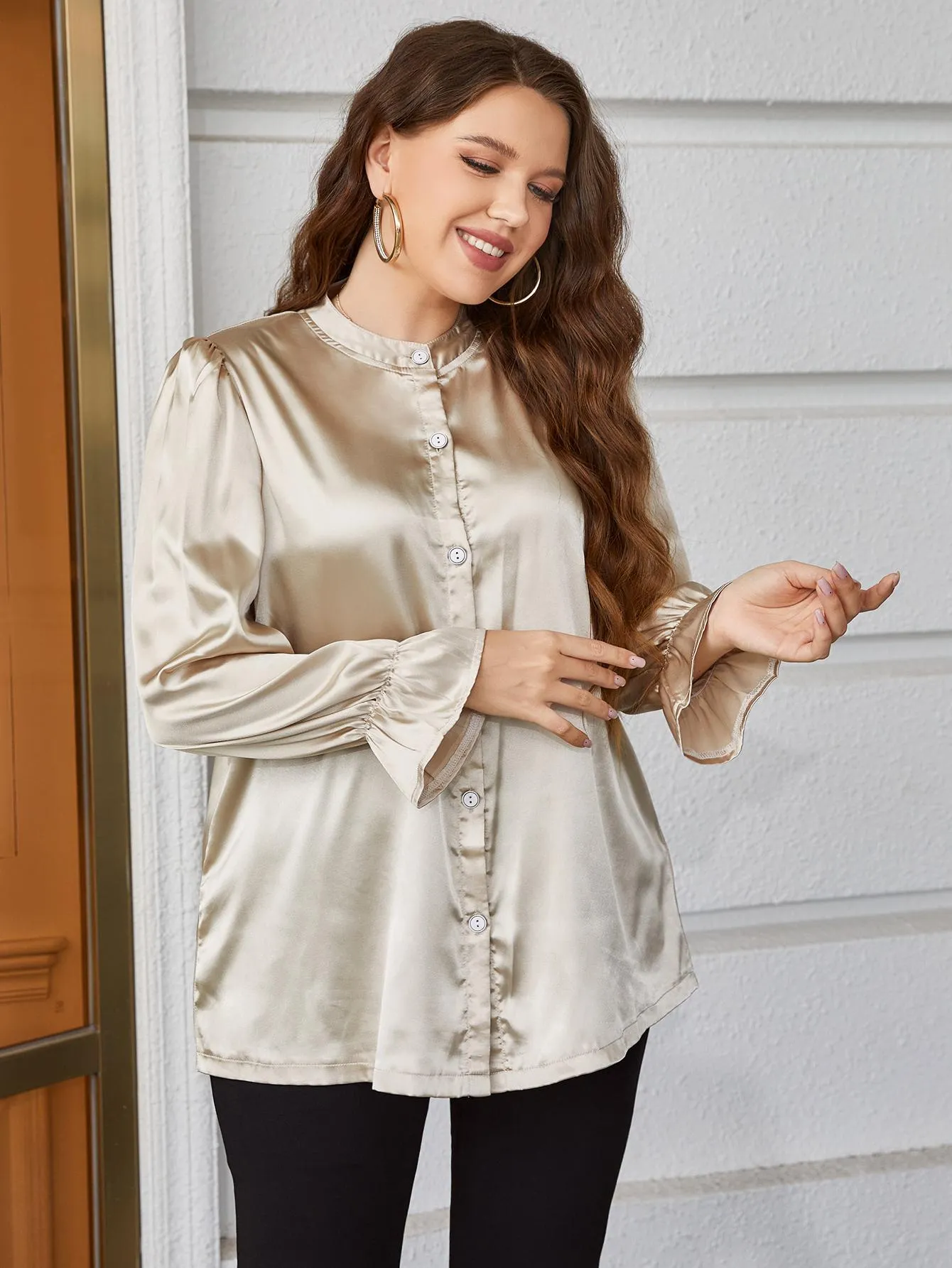 Flounce Sleeve Band Collar Shirt ( 1X - 4X )