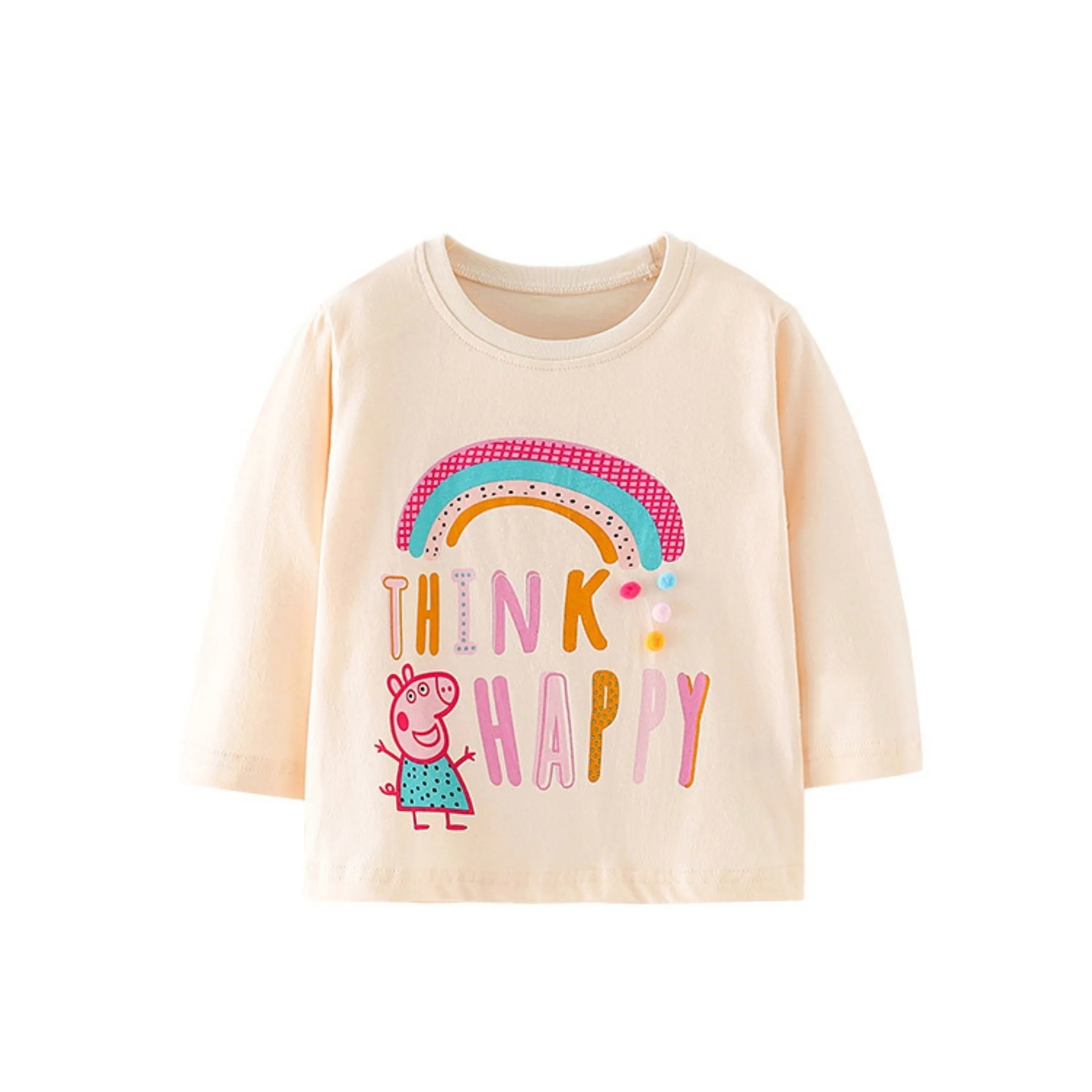 Full Sleeve Rainbow Print Girls T-Shirt, Pink