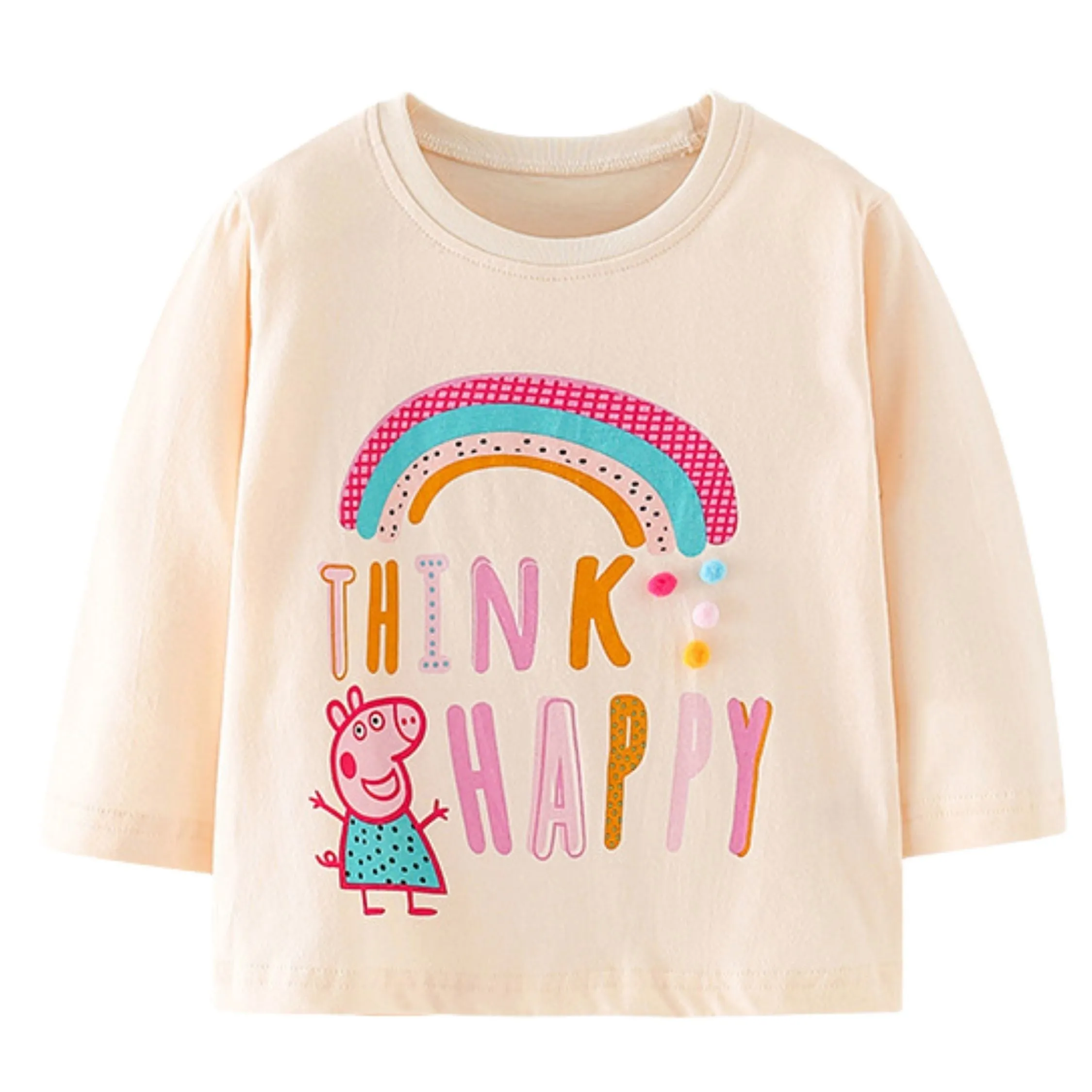 Full Sleeve Rainbow Print Girls T-Shirt, Pink