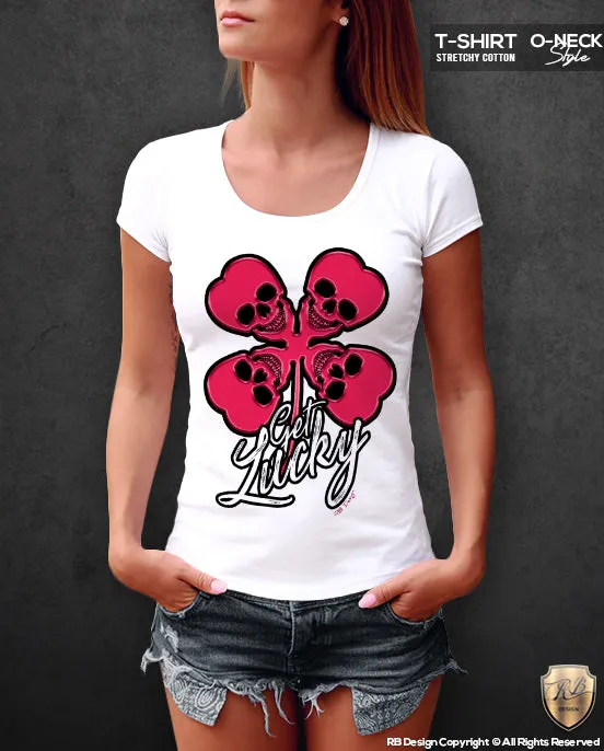 Get Lucky Womens T-shirt Designer Four leaf clover Skulls Top WD07