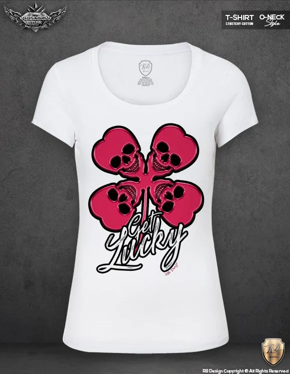 Get Lucky Womens T-shirt Designer Four leaf clover Skulls Top WD07