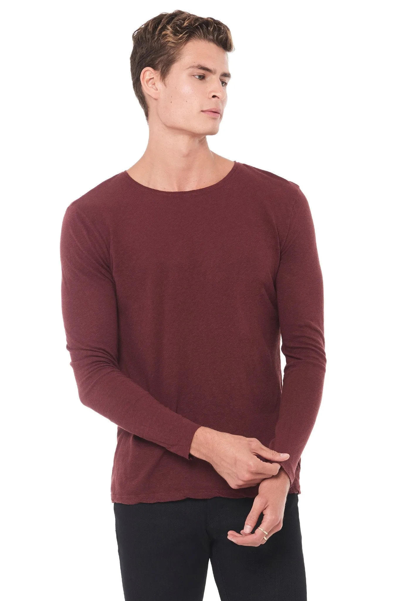 Men's Linen Blend Crew Neck Long Sleeve