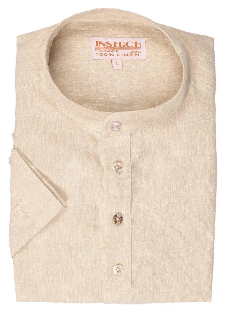 MEN'S OATMEAL LINEN BANDED COLLAR POP OVER SHIRT BY INSERCH