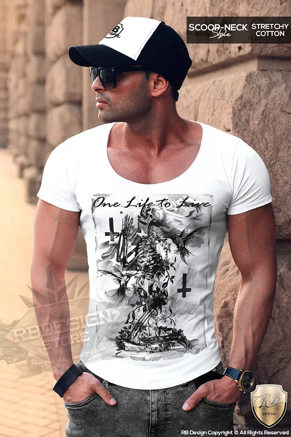 Men's Praying Skeleton T-shirt Trendy Festival Fashion Top MD685 Black