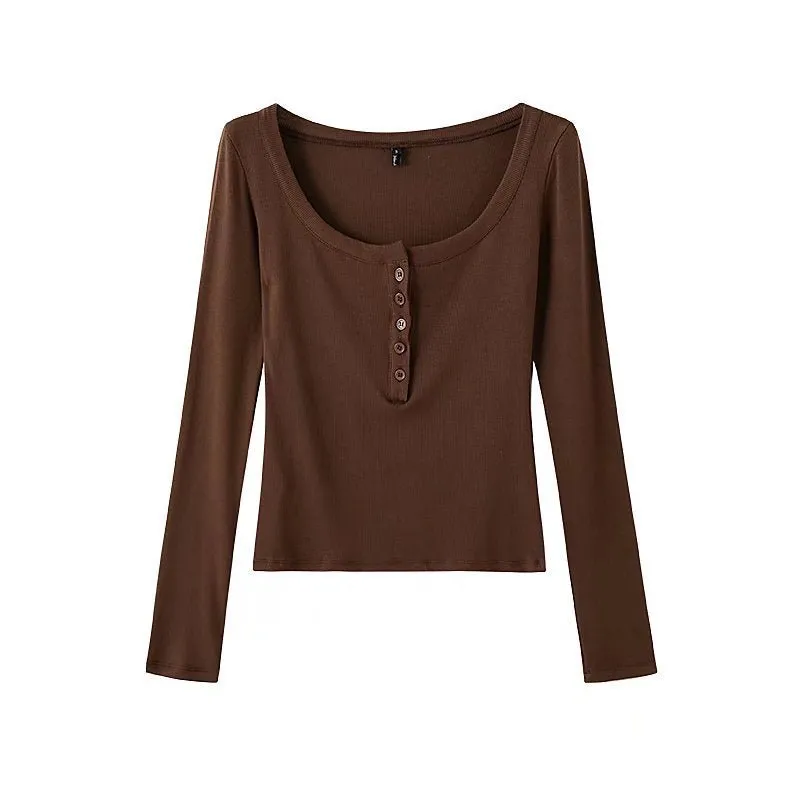 sexy Spring Scoop Solid Color Elastic Half-Open Buckle Tight Long-Sleeved T-shirt Bottoming Shirt