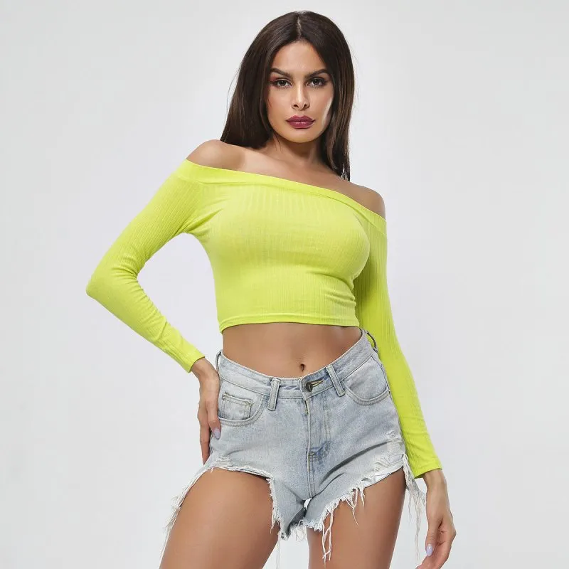 Slim-fit Long Sleeve Off-the-shoulder Solid Color T-shirt Women