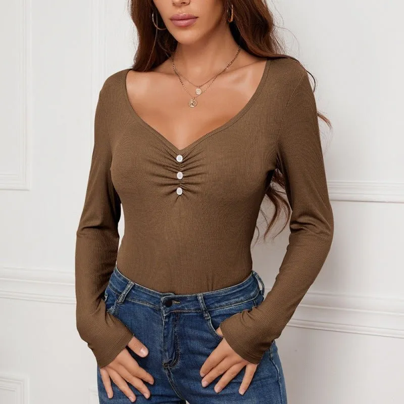 Solid Color Ken Stripe V-neck Buttons Long Sleeve T-shirt Slim Fit Bottoming Top Women