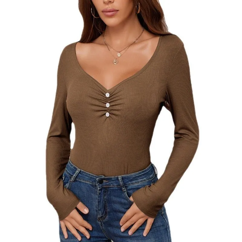 Solid Color Ken Stripe V-neck Buttons Long Sleeve T-shirt Slim Fit Bottoming Top Women