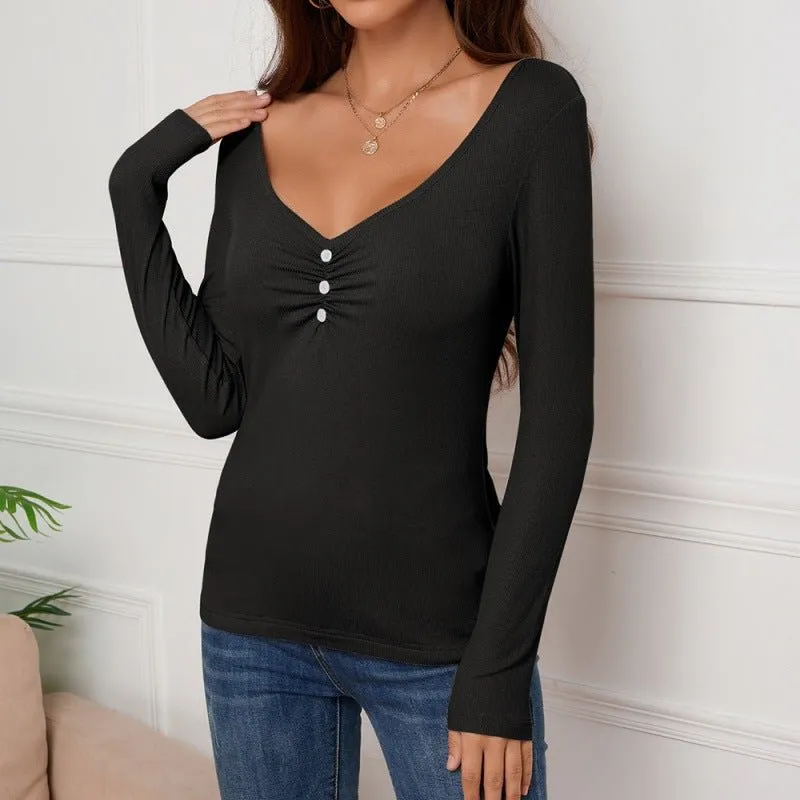 Solid Color Ken Stripe V-neck Buttons Long Sleeve T-shirt Slim Fit Bottoming Top Women