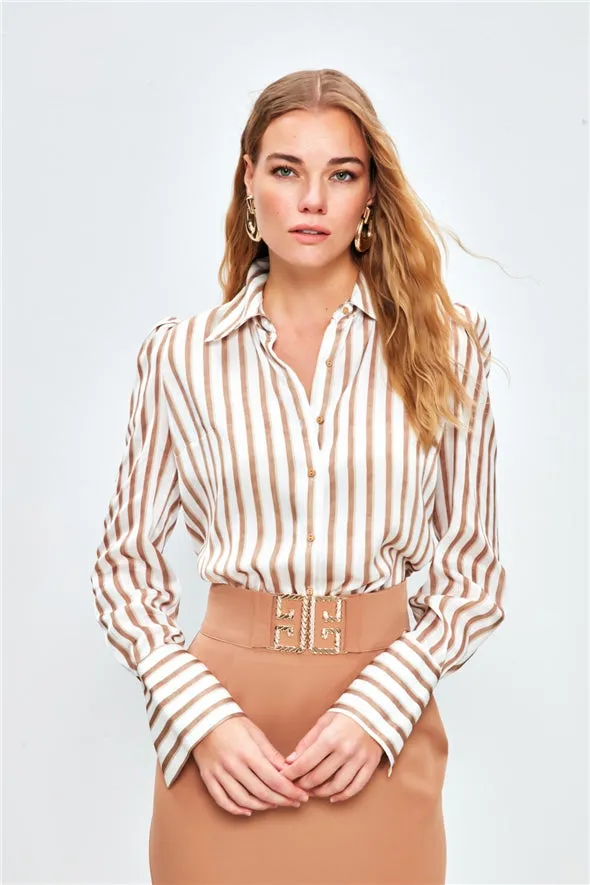 Striped Padding Detailed Button Down Shirt - brown