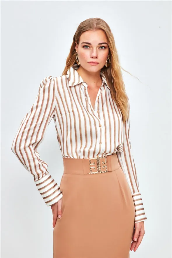 Striped Padding Detailed Button Down Shirt - brown