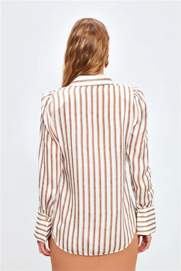 Striped Padding Detailed Button Down Shirt - brown