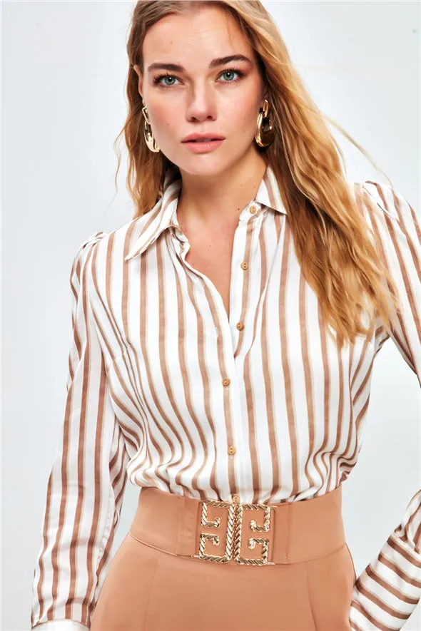 Striped Padding Detailed Button Down Shirt - brown