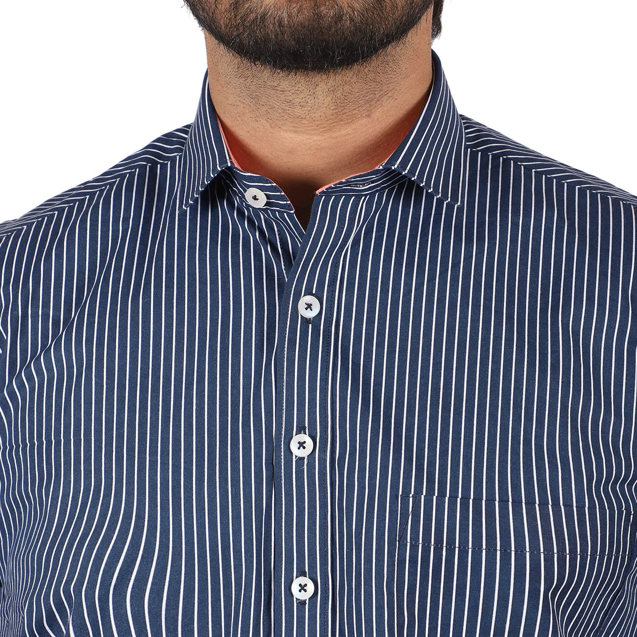 White Stripe On Navy Half Sleeves Shirt