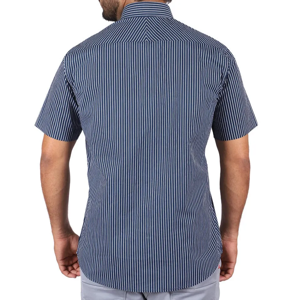 White Stripe On Navy Half Sleeves Shirt